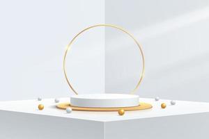 White, gold geometric pedestal podium with luxury golden ring.