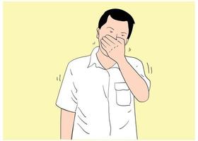 A man holding back laughter with his hands. vector