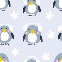 Cartoon style winter penguins in headsets seamless pattern. vector