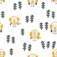 Winter seamless pattern with owls in headset and christmas trees vector