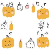 Doodle Halloween pumpkins frame with autumn elements. vector