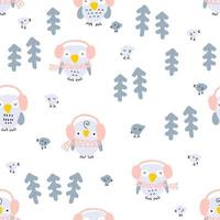 Hand drawn winter seamless pattern with owls and christmas trees vector