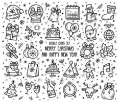 New Year and Christmas set of vector linear icons in doodle style