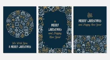 New Year and Christmas blue greeting cards set with vector icons