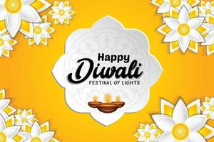 Happy Diwali luxury greetings on white ornate floral patterns for free vector