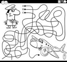 maze with cartoon pilot and plane coloring book page vector