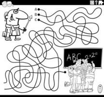 maze with cartoon teacher and students coloring book page vector