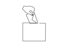 Continuous single line of left hand inserting vote paper into box. vector