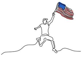 Continuous one line of patriot day background with a man flying flag vector