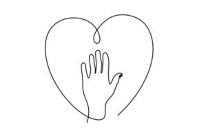 Continuous single line drawing of opened hand with heart shaped line vector