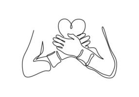 Continuous one line drawing of crossing hand on chest with heart shape vector