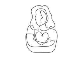 Continuous single line drawing of woman hug heart shaped object vector