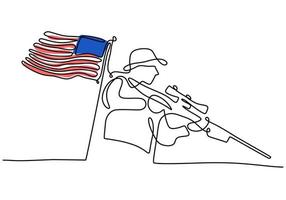 Continuous one line of patriot day with american flag and soldier vector