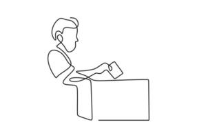 Continuous single line of a man inserting vote paper into box. vector