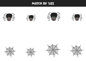 Matching game for preschool kids. Match spiders and webs by size. vector