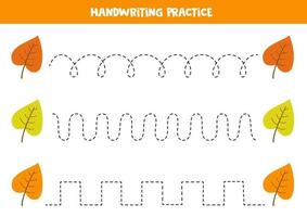 Tracing lines with autumn leaves. Writing practice. vector