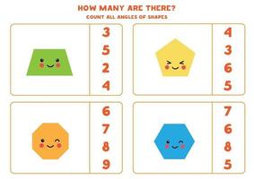 Counting  with cute kawaii geometrical shapes. Count number of angles. vector