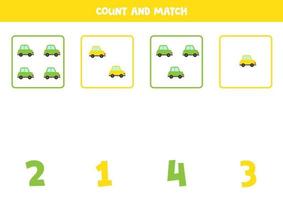 Counting game with cute cars. Math worksheet. vector