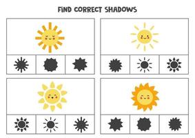 Encuentra la sombra correcta del sol. juegos de cartas con clip imprimibles para niños. vector