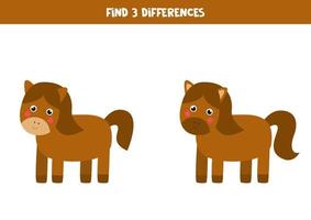 Encuentra 3 diferencias entre dos adorables caballos. vector