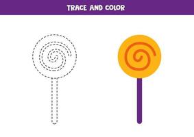 Trace and color Halloween lollipop. Worksheet for kids. vector