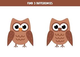 Find 3 differences between two cute owls. vector