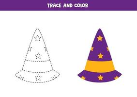 Trace and color Halloween hat. Worksheet for kids. vector