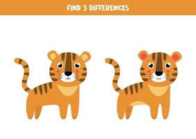 Find 3 differences between two cute cartoon tigers. vector