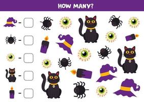 Counting game with cute Halloween pictures. Math worksheet. vector