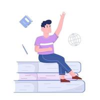 Young man sitting on the pile of books vector