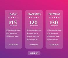 Banner for tariffs, set of pricing table vector