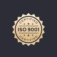 ISO 9001 badge, gold label vector