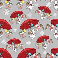 Seamless cat with red umbrella in Christmas pattern vector