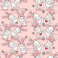 Seamless bunny cats and flowers pattern vector