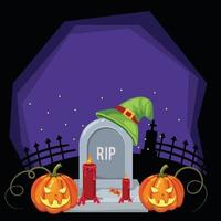 Halloween greeting card with scary pumpkin, candles, and Rip ghost vector