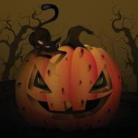 gato negro de halloween en calabaza con cara enojada vector