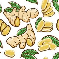 Ginger slice and leaf seamless pattern on white background vector