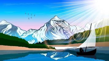 Man in boat on Mountains Landscape background cartoon vector