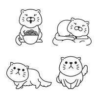 Cute Fat Cat Eating Sleeping Outline Monoline Line Doodle Style vector