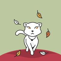 Beautiful Cat Walking Autumn Fall Leaves Season Cartoon vector