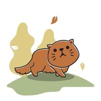 Fat Adorable Persian Cat Walking Autumn Fall Season Cartoon vector