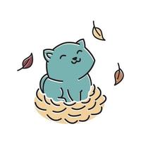 Smiling Cute Little Cat Kitten Nest Autumn Fall Season Cartoon vector