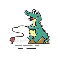 Crocodile Alligator Fishing Fish Funny Cute Character Cartoon vector