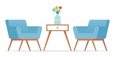 dos sillones y mesa ratona de estilo moderno con florero. vista frontal vector