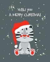 Wish you a Merry Christmas greeting card with cute white tiger, 2022 vector