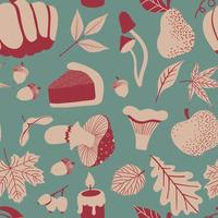 Autumn seamless pattern with leaves, berries, mushroom, apple, pear vector