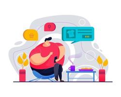 Fat man is sitting and shopping using sales app vector