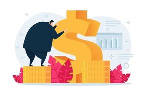 Business man standing above stacked coin. vector