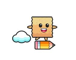 raw instant noodle mascot illustration riding on a giant pencil vector