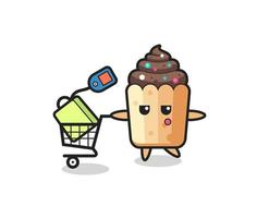 cupcake illustration cartoon with a shopping cart vector